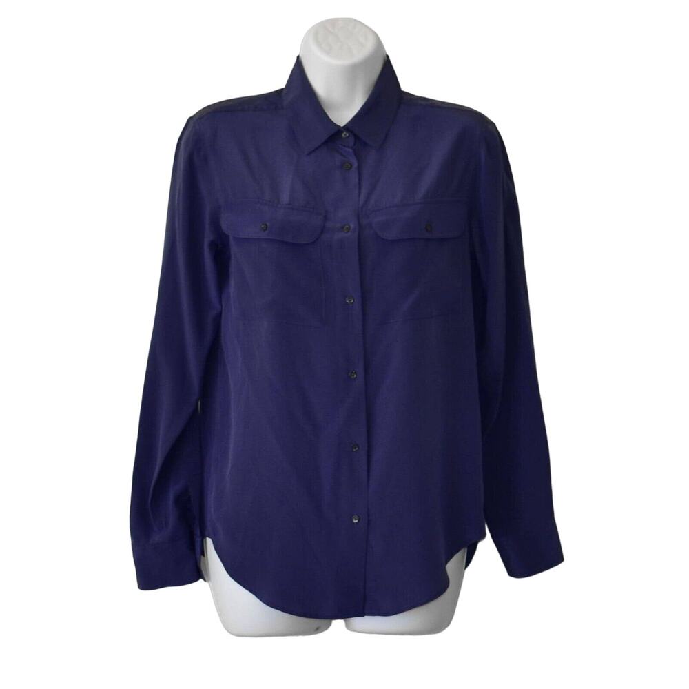 A5 Auth SANDRO PARIS Solid Navy Silk Button Up Long Sleeve Dress Shirt Sz 1 US 4